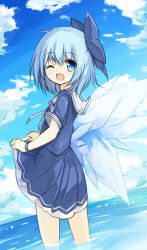 Rule 34 | 1girl, ;d, adapted costume, blush, bow, cirno, clothes lift, fanning crotch, hair bow, ice, ice wings, large bow, one eye closed, open mouth, school uniform, serafuku, short hair, skirt, skirt lift, smile, solo, touhou, wading, water, wings, yuuhagi (amaretto-no-natsu)