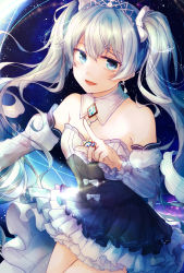 Rule 34 | 1girl, :d, aiha (s1229aiha), blue eyes, bow, breasts, cowboy shot, detached collar, detached sleeves, diadem, dress, earrings, floating hair, hair ornament, hatsune miku, highres, index finger raised, jewelry, layered dress, long hair, long sleeves, looking at viewer, necklace, open mouth, ring, short dress, silver hair, sleeveless, sleeveless dress, small breasts, smile, solo, standing, striped clothes, striped dress, striped sleeves, very long hair, vocaloid, white bow, yuki miku
