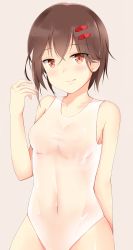 Rule 34 | 1girl, absurdres, arm behind back, ayanami (warship girls r), bad id, bad pixiv id, bare arms, bare shoulders, beige background, blush, breasts, brown eyes, brown hair, closed mouth, collarbone, covered navel, cowboy shot, crossed bangs, ero mang-a, erosusukikuma, eyebrows, hair ornament, hairclip, hand up, highres, looking at viewer, md5 mismatch, medium breasts, one-piece swimsuit, see-through, short hair, simple background, smile, solo, standing, swimsuit, warship girls r, wet, wet clothes, wet swimsuit, white one-piece swimsuit