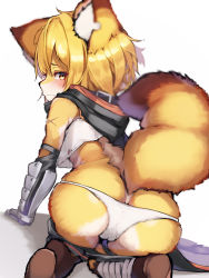 Rule 34 | 1girl, absurdres, animal ear fluff, animal ears, arknights, ass, blonde hair, blush, body fur, brown footwear, closed mouth, from behind, furrification, furry, furry female, highres, looking at viewer, notched ear, panties, short hair, simple background, solo, tab head, tail, underwear, vermeil (arknights), white background, white panties, yellow eyes