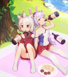 Rule 34 | 2girls, animal ears, azur lane, bare shoulders, blue camisole, bluesnail, bottle, breasts, brown eyes, camisole, cleavage, collarbone, commentary request, covered collarbone, day, detached sleeves, drinking, fake animal ears, fang, food, full body, grass, hair between eyes, hairband, highres, holding, holding bottle, japanese clothes, kimono, knees up, laffey (azur lane), long hair, multiple girls, no jacket, no shoes, open mouth, outdoors, panties, pantyshot, plate, pleated skirt, pond, rabbit ears, red eyes, red kimono, red skirt, red sleeves, shadow, short hair, shouhou (azur lane), sidelocks, sitting, skin fang, skirt, sleeveless, sleeveless kimono, small breasts, socks, strap slip, sunlight, sweatdrop, thighhighs, topknot, tree, twintails, undershirt, underwear, very long hair, white camisole, white hair, white legwear, white panties, wide sleeves, zettai ryouiki