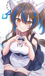 Rule 34 | 1girl, alternate costume, animal ears, bare shoulders, black thighhighs, blue hair, blue nails, blush, brown hair, closed mouth, colored inner hair, commentary request, daitaku helios (umamusume), ear covers, ear piercing, enmaided, fang, hair between eyes, hair ornament, hairclip, heart, heart hands, highres, horse ears, horse girl, horse tail, maid, maid headdress, medium hair, multicolored hair, nail polish, piercing, simple background, skin fang, smile, solo, streaked hair, tail, thighhighs, twitter username, ugura (ugurax), umamusume, white background, yellow eyes