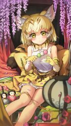 Rule 34 | 1girl, absurdres, animal ear fluff, animal ears, back bow, bare legs, bare shoulders, blonde hair, blurry, blurry foreground, blush, bow, bowtie, breasts, brown ribbon, cat ears, cat girl, cat tail, closed mouth, commentary request, dango, depth of field, doll, dot mouth, elbow gloves, feet out of frame, flower, flower request, food, gloves, gradient bow, hands up, highres, holding, holding skewer, indoors, kemono friends, knees together feet apart, lantern, large breasts, looking at viewer, melaton, multicolored hair, petals, petticoat, pink flower, purple flower, red flower, ribbon, sand cat (kemono friends), sand cat print, shirt, short hair, sitting, skewer, skirt, solo, streaked hair, tail, wagashi, white shirt, wisteria, yellow bow, yellow bowtie, yellow eyes, yellow gloves, yellow skirt