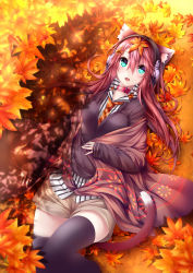 Rule 34 | 1girl, :d, absurdres, animal ears, autumn, autumn leaves, black sweater, black thighhighs, breasts, brown hair, brown shorts, cardigan, cat ears, cat girl, cat tail, chabaneko, collar, collared shirt, cowboy shot, dress shirt, fortissimo, green eyes, hair between eyes, hair ornament, hairclip, headphones, heart, heart-shaped pupils, highres, knee up, leaf, leaf on head, legs together, long hair, long sleeves, looking at viewer, lying, maple leaf, medium breasts, musical note, musical note hair ornament, necktie, open mouth, original, plaid, plaid necktie, plaid neckwear, red hair, shirt, short shorts, shorts, smile, solo, striped clothes, striped shirt, sweater, symbol-shaped pupils, tail, thighhighs, vertical-striped clothes, vertical-striped shirt, white shirt, wing collar, yonari phone neon