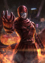Rule 34 | 10s, 1boy, armor, azul (ze-l), bad id, bad pixiv id, building, fire, fujikido kenji, gloves, glowing, glowing eyes, highres, japanese armor, japanese clothes, kote, male focus, mask, neon lights, ninja, ninja slayer, rain, reaching, red eyes, scarf, sign, solo, uneven eyes