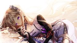 Rule 34 | 1girl, arknights, backlighting, black flower, blonde hair, breasts, chinese commentary, cleavage, cleavage cutout, closed mouth, clothing cutout, commentary request, dress, flower, hair flower, hair ornament, highres, holding, holding own hair, huasi, indigo (arknights), indigo (serene day) (arknights), long hair, long sleeves, looking at viewer, lying, official alternate costume, on side, purple dress, purple eyes, small breasts, smile, solo, test tube, very long hair, white flower