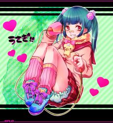 Rule 34 | 1girl, bandaid, bandaid on face, bandaid on nose, bloomers, blue hair, emu (trigger), grin, halftone, heart, highres, jump rope, original, pleated skirt, red eyes, shoes, skirt, smile, sneakers, solo, twintails, underwear
