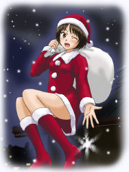 Rule 34 | 1girl, :d, amagami, blush, boots, border, breasts, brown eyes, brown hair, christmas, commentary request, dress, gradient border, hat, holding, holding sack, kamosikayasyamoji, knee boots, light blush, looking at viewer, night, night sky, on roof, one eye closed, open mouth, reaching, reaching towards viewer, red dress, red footwear, rooftop, sack, santa costume, santa dress, santa hat, short hair, sitting, sitting on roof, sky, small breasts, smile, snowflakes, snowing, solo, star (sky), starry sky, tachibana miya, thighs, upskirt