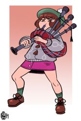 Rule 34 | 1girl, :t, absurdres, bagpipes, bob cut, boots, border, brown eyes, brown footwear, brown hair, buttons, cable knit, cardigan, commentary, creatures (company), dress, full body, game freak, gloria (pokemon), green hat, green socks, grey cardigan, hat, highres, holding, holding instrument, instrument, knees, legs apart, music, nintendo, pink dress, plaid, playing instrument, pokemon, pokemon swsh, scruffyturtles, short hair, socks, solo, squatting, tam o&#039; shanter, v-shaped eyebrows, white border
