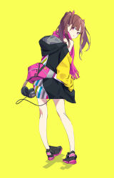 Rule 34 | 1girl, black footwear, black jacket, brown hair, closed mouth, commentary request, fringe trim, full body, hair ribbon, headphones, highres, hood, hood down, hooded jacket, jacket, leaning forward, long hair, long sleeves, off shoulder, original, pink scarf, popman3580, purple eyes, red ribbon, ribbon, scarf, shadow, shoes, solo, standing, twintails, yellow background