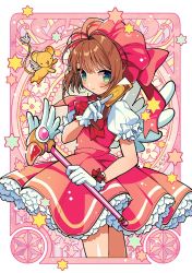 Rule 34 | 1girl, blush, bow, brown hair, card, cardcaptor sakura, closed mouth, gloves, green eyes, holding, holding card, holding wand, kero (cardcaptor sakura), kinomoto sakura, magical girl, open mouth, pink headwear, red bow, smile, star (symbol), wand, white gloves, wings, zest (lossol)