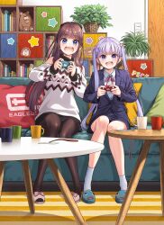 Rule 34 | 2girls, black skirt, blue eyes, blush, brown hair, brown pantyhose, buttoned cuffs, buttons, collared shirt, controller, cup, formal, game controller, highres, holding, holding controller, holding game controller, long hair, long sleeves, multiple girls, new game!, off-shoulder sweater, off shoulder, open mouth, pantyhose, playing games, purple eyes, purple hair, shirt, sitting, skirt, slippers, smile, socks, soujirou (new game!), suit, suzukaze aoba, sweater, takimoto hifumi, teeth, tokunou shoutarou, twintails, upper teeth only, white shirt, white socks, white sweater