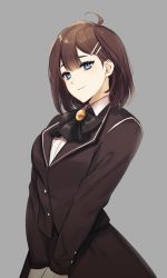 Rule 34 | 1girl, ap5ry, black coat, black neckwear, blue eyes, breasts, brown hair, buttoned cuffs, buttons, coat, collared shirt, grey background, hair ornament, hairclip, highres, hod (project moon), jewelry, library of ruina, lobotomy corporation, long sleeves, project moon, shirt, short hair, smile, solo
