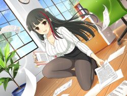 Rule 34 | 1girl, black footwear, black hair, black pantyhose, black skirt, blue sky, blunt bangs, blunt ends, blush, book, breasts, buttons, chair, cleavage, clipboard, clock, cloud, collarbone, collared shirt, day, desk, drawer, dress shirt, flying paper, formal, hime cut, holding, holding clipboard, holding paper, indoors, kneeling, large breasts, leaf, lens flare, light particles, long hair, long sleeves, looking at viewer, multicolored hair, office, office chair, office lady, official alternate costume, official art, open mouth, pages, pantyhose, paper, papers, pen, pencil skirt, picking up, plant, potted plant, red eyes, red hair, senran kagura, senran kagura new link, senran kagura new wave, shirt, sidelocks, skirt, skirt suit, sky, smile, solo, sparkle, streaked hair, striped clothes, striped shirt, suit, swivel chair, tsubaki (senran kagura), two-tone hair, vertical-striped clothes, vertical-striped shirt, white shirt, window, wooden floor, yaegashi nan