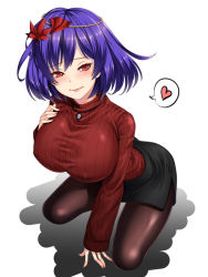 Rule 34 | 1girl, adapted costume, black pantyhose, blush, breasts, contemporary, covered erect nipples, hair ornament, hand on own chest, heart, jewelry, large breasts, leaf hair ornament, long sleeves, looking at viewer, miniskirt, mirror, mitama mudimudi, necklace, pantyhose, purple hair, red eyes, ribbed sweater, rope, shimenawa, short hair, simple background, skirt, smile, solo, spoken heart, squatting, sweater, touhou, white background, yasaka kanako