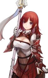 Rule 34 | 1girl, breasts, cleavage, female focus, gloves, large breasts, light smile, long hair, polearm, pupps, red eyes, red hair, simple background, solo, weapon, white background