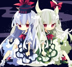 Rule 34 | black footwear, blue dress, blue hair, bow, collared dress, commentary, dress, ex-keine, footwear bow, green dress, green hair, hat, highres, horn ornament, horn ribbon, horns, kamishirasawa keine, long hair, looking at viewer, multicolored hair, neckerchief, nikorashi-ka, one-hour drawing challenge, puffy short sleeves, puffy sleeves, red eyes, red neckerchief, red ribbon, ribbon, shoes, short sleeves, sidelocks, silver hair, skirt, smile, touhou, two-tone hair, white legwear, white skirt