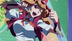 Rule 34 | 1girl, announcer, belt, breasts, cowboy hat, female focus, fringe trim, hat, holding, holding microphone, large breasts, light brown hair, melissa claire, microphone, screencap, shirt, smile, vest, wink, yu-gi-oh!, yu-gi-oh! arc-v