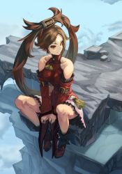 Rule 34 | 1girl, ankle boots, bare shoulders, boots, breasts, china dress, chinese clothes, closed mouth, commentary request, dress, frills, full body, guilty gear, hair ornament, hairclip, highres, kuradoberi jam, long hair, looking to the side, medium breasts, online neet, parted bangs, red dress, short dress, simple background, sitting, skirt, smile, solo, thighs, turtleneck, very long hair, wide sleeves
