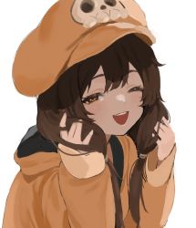 Rule 34 | 1girl, :d, \||/, brown eyes, brown hair, coat, eyebrows hidden by hair, flasso, guilty gear, hands in hair, hat, hat ornament, highres, holding, holding hair, light blush, long hair, long sleeves, looking at viewer, low twintails, may (guilty gear), one eye closed, open mouth, orange coat, simple background, skull hat ornament, sleeves past wrists, smile, solo, teeth, twintails, upper body, upper teeth only, white background