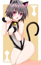 Rule 34 | 1girl, 9-nine-, absurdres, animal ears, bare shoulders, bell, black bra, black choker, black hair, black leotard, black panties, black wrist cuffs, blush, bra, cat ears, cat tail, chess piece, choker, collarbone, eyebrows hidden by hair, eyelashes, fang, feet out of frame, flybig0311, frilled bra, frills, fur cuffs, groin, hair between eyes, hair intakes, highres, kneeling, leotard, looking at viewer, meme attire, meowing, midriff, navel, neck bell, open mouth, panties, paw pose, red eyes, short hair with long locks, simple background, solo, spiked hair, tail, thighs, underwear, wrist cuffs, yellow background, yuuki noa