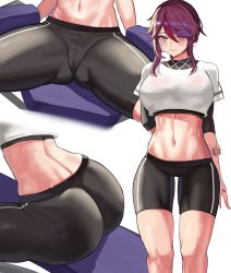 Rule 34 | 1girl, abs, absurdres, ass, bike shorts, black shorts, blush, breasts, cropped shirt, genshin impact, hair between eyes, highres, large breasts, looking at viewer, loooyd, multicolored hair, multiple views, navel, purple eyes, purple hair, red hair, rosaria (genshin impact), shirt, short hair, short sleeves, shorts, sportswear, streaked hair, thighs, white shirt