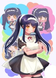 Rule 34 | 1girl, 2021, :d, ;&gt;, apron, black dress, black hair, black thighhighs, blush, blush stickers, book, breasts, chibi, chibi inset, closed mouth, commentary request, cowboy shot, crossed arms, dated commentary, dress, eyelashes, floating hair, food, frilled apron, frills, hair between eyes, highres, holding, holding book, holding ladle, incoming food, kneeling, kushima kamome, ladle, large breasts, long hair, looking at viewer, maid, maid apron, maid headdress, may salamanya, multicolored background, naked towel, neck ribbon, official alternate costume, official alternate hairstyle, one eye closed, open book, open mouth, pudding, puffy short sleeves, puffy sleeves, red ribbon, ribbon, short dress, short sleeves, signature, simple background, smile, solo, standing, straight hair, summer pockets, thighhighs, towel, twintails, v-shaped eyebrows, very long hair, white apron, white background, wide-eyed, zettai ryouiki