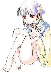 Rule 34 | 00s, 1girl, barefoot, blunt bangs, bob cut, breasts, cleavage, covering privates, elf, ester ein astrada, feet, forest penguin, jacket, kenran butou sai, nude, nude cover, pointy ears, purple hair, red eyes, short hair, sidelocks, solo, tatsuri (forest penguin)