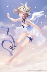 Rule 34 | 1girl, ankle ribbon, barefoot, breasts, brown hair, choker, cleavage, comet (teamon), dress, flower, head wreath, highres, kaku-san-sei million arthur, leaning forward, bridal garter, leg ribbon, looking at viewer, million arthur (series), outstretched arm, petals, purple eyes, red lotus, ribbon, ribbon choker, short hair, sky, small breasts, solo, tears, thigh strap, white wings, wings