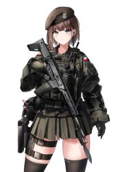 Rule 34 | 1girl, ammunition pouch, assault rifle, bayonet, beret, blue eyes, brown hair, brown hat, brown jacket, brown skirt, buckle, camouflage, camouflage jacket, gun, hat, highres, jacket, military hat, military jacket, msbs radon, original, polish army, polish flag, pouch, rifle, rynn (rynn cube), skirt, snap-fit buckle, solo, thighhighs, weapon, white background