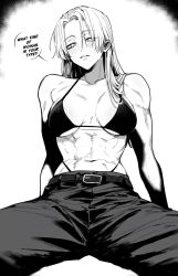 Rule 34 | 1girl, abs, absurdres, belt, bikini, blush, breasts, breasts apart, denim, english text, greyscale, highres, jeans, jujutsu kaisen, large breasts, long hair, looking at viewer, monochrome, pants, parted lips, simple background, sitting, solo, string bikini, swimsuit, toned, tsukumo yuki (jujutsu kaisen), white background, zovokia