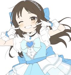 Rule 34 | 1girl, back bow, blue bow, blue dress, blush, bow, bowtie, brooch, brown eyes, brown hair, chipochopo324, commentary request, dot nose, dress, frilled dress, frilled sleeves, frills, gloves, hair bow, hairband, hands up, heart, heart brooch, idolmaster, idolmaster cinderella girls, idolmaster cinderella girls u149, jewelry, long hair, looking at viewer, one eye closed, pointing, pointing at self, short sleeves, sidelocks, smile, solo, tachibana arisu, upper body, white background, white gloves