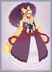 Rule 34 | 10s, 1girl, 2015, animal ear fluff, animal ears, artist name, atelier (series), azureetti, black gloves, blonde hair, bonnet, bow, breasts, cleavage, creatures (company), delphox, dress, female focus, fox ears, fox tail, frilled dress, frills, game freak, gen 6 pokemon, gloves, headdress, highres, jewelry, large breasts, lipstick, long hair, makeup, necklace, nintendo, over shoulder, pamela ibiss, personification, pokemon, purple dress, purple lips, purple theme, red bow, red eyes, sash, scar, solo, tail, umbrella, very long hair, waist bow