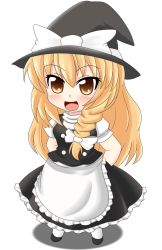 Rule 34 | 1girl, apron, b.leaf, black dress, blonde hair, blush, braid, chibi, dress, female focus, full body, hands in pockets, hat, hat ribbon, highres, kirisame marisa, open mouth, ribbon, smile, solo, touhou, white background, witch, witch hat, yellow eyes