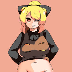Rule 34 | 1girl, asymmetrical legwear, black bow, black shirt, blonde hair, blush, bottomless, bow, breasts, brown dress, brown eyes, clothes lift, commentary request, dress, dress lift, extra eyes, grin, groin, hair between eyes, hair bow, hair bun, highres, kurodani yamame, large breasts, long sleeves, looking at viewer, medium hair, navel, out-of-frame censoring, pinafore dress, pink background, rinyamame, shirt, simple background, sleeveless dress, smile, solo, touhou, uneven legwear, upper body