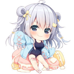 Rule 34 | 1girl, :3, ahoge, bear hair ornament, blue eyes, blue jacket, blue one-piece swimsuit, blush, bow, braid, breasts, chibi, cleavage, closed mouth, food, full body, grey hair, hair between eyes, hair bow, hair ornament, hair rings, hanamiya natsuka, jacket, long sleeves, lowres, macaron, medium breasts, old school swimsuit, one-piece swimsuit, open clothes, open jacket, original, pink bow, pink footwear, puffy long sleeves, puffy sleeves, school swimsuit, shoes, simple background, sleeves past fingers, sleeves past wrists, solo, swimsuit, twin braids, white background, yellow bow