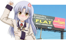 Rule 34 | 1girl, ad, angel beats!, anger vein, angry, banner, blazer, blue hair, blush, clenched hand, commentary request, flat chest, frown, long hair, looking at viewer, montage, parody, raised fist, school uniform, sign, simple background, solo, takumi (rozen garten), tears, tenshi (angel beats!), trembling, upper body, wavy mouth, white background, yellow eyes