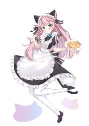 Rule 34 | 1girl, absurdres, angelica (epic seven), animal ears, apron, black dress, black footwear, blush, bow, braid, chan&#039;nu, closed mouth, commentary request, dress, epic seven, food, green eyes, heart, heart-shaped pupils, highres, holding, holding plate, long hair, looking at viewer, maid apron, maid headdress, pink hair, plate, puffy sleeves, shoes, smile, solo, symbol-shaped pupils, white background, white legwear