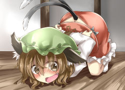 Rule 34 | 1girl, animal ears, arms behind back, blush, bound, brown eyes, brown hair, cat ears, cat girl, cat tail, chen, deetamu, earrings, fang, female focus, hat, jewelry, multiple tails, nekomata, open mouth, restrained, shirt, single earring, skirt, skirt set, solo, tail, tam-out (datam), tied up, top-down bottom-up, touhou, vest
