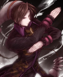 Rule 34 | 1boy, absurdres, braid, brown hair, chinese clothes, duo lon, food fighter 441, gradient background, highres, long hair, male focus, nail polish, red eyes, single braid, snk, solo, the king of fighters, very long hair