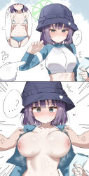 Rule 34 | 1boy, 1girl, ?, absurdres, anger vein, bikini, blue archive, blue bikini, blue eyes, blue headwear, bouncing breasts, breasts, doldol (rkwowlqrp), green halo, halo, hat, highres, jacket, large breasts, looking at viewer, nipples, official alternate costume, open clothes, open jacket, purple hair, saki (blue archive), saki (swimsuit) (blue archive), short hair, spoken question mark, sweat, swimsuit
