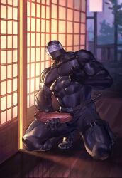 Rule 34 | 1boy, abs, baimeme, bara, bare pectorals, black skin, check copyright, colored skin, copyright request, erection, from side, girthy penis, highres, large pectorals, large penis, male focus, male pubic hair, mask, muscular, muscular male, navel, nipple stimulation, nipple tweak, nipples, open fly, original, pectorals, peeking, penis, precum, pubic hair, sliding doors, solo, squatting, strongman waist, thick thighs, thighs, tweaking own nipple, uncensored, veins, veiny arms, voyeurism