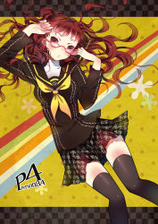 1girl arms_up atlus black_hair blush brown_hair copyright_name domotolain female_focus glasses kujikawa_rise long_hair persona persona_4 pink-framed_eyewear pink_hair school_uniform serafuku solo thighhighs twintails wavy_hair zettai_ryouiki