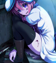 Rule 34 | 1girl, :d, bad id, bad pixiv id, beret, between legs, black thighhighs, blood, blood on face, blood on leg, bloody weapon, blue eyes, boots, brown footwear, brown hair, dress, from side, hair between eyes, hand between legs, hat, highres, higurashi no naku koro ni, oki kuro, open mouth, red ribbon, ribbon, ryuuguu rena, shiny clothes, shiny legwear, shiny skin, short hair, short sleeves, side slit, sitting, smile, solo, stairs, thighhighs, weapon, white dress, white hat