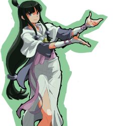 Rule 34 | 1girl, ace attorney, bad drawr id, bad id, black hair, blue eyes, blunt bangs, bridal gauntlets, closed mouth, dress, gloves, green outline, hair ornament, half updo, japanese clothes, jewelry, kimono, kmgr, long hair, looking at viewer, low-tied long hair, magatama, maya fey, necklace, oekaki, open hands, outline, pink sash, purple sash, sash, sidelocks, simple background, smile, solo, standing, white background, white dress
