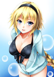 Rule 34 | 1girl, :d, absurdres, arms behind back, bikini, black bikini, black hairband, blonde hair, blue background, blue eyes, blue jacket, collarbone, commentary request, cowboy shot, fate/grand order, fate (series), front-tie bikini top, front-tie top, gradient background, hair between eyes, hairband, highres, jacket, jeanne d&#039;arc (fate), jeanne d&#039;arc (swimsuit archer) (fate), jeanne d&#039;arc (swimsuit archer) (first ascension) (fate), leaning forward, lens flare, long hair, long sleeves, looking at viewer, official alternate costume, open mouth, smile, solo, standing, sumeragi tomo, swimsuit, very long hair