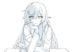 Rule 34 | 1girl, absurdres, chin, chinese clothes, fu hua, grabbing own hair, greyscale, hair between eyes, hand on own chin, hanfu, highres, honkai (series), honkai impact 3rd, long hair, monochrome, simple background, sitting, sketch, solo, table, vx7bj, white background