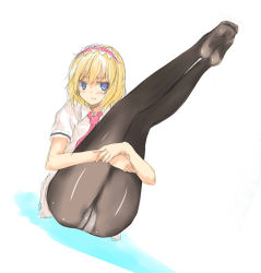 Rule 34 | 1girl, alice margatroid, ass, blonde hair, blue eyes, blush, colored eyelashes, crotch seam, feet, female focus, frown, hairband, hugging own legs, leg lift, legs, legs together, legs up, long legs, looking at viewer, nabeshima tetsuhiro, panties, panties under pantyhose, pantyhose, short hair, simple background, sitting, sketch, solo, thighs, touhou, underwear