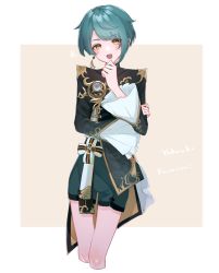 Rule 34 | 1boy, asymmetrical hair, blue hair, blue shorts, chinese clothes, earrings, frilled sleeves, frills, gem, genshin impact, gold trim, highres, jewelry, long sleeves, looking at viewer, nero hanken, open mouth, short hair, shorts, single earring, smile, wide sleeves, xingqiu (genshin impact), yellow eyes