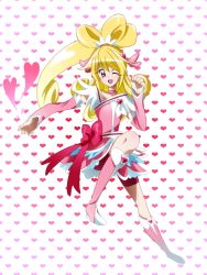 Rule 34 | 1girl, aida mana, blonde hair, boots, bow, brooch, cure heart, dokidoki! precure, hair ornament, half updo, heart, heart brooch, heart hair ornament, knee boots, long hair, magical girl, niack (hasurja), one eye closed, open mouth, pink bow, pink eyes, pink footwear, ponytail, precure, smile, solo, wink